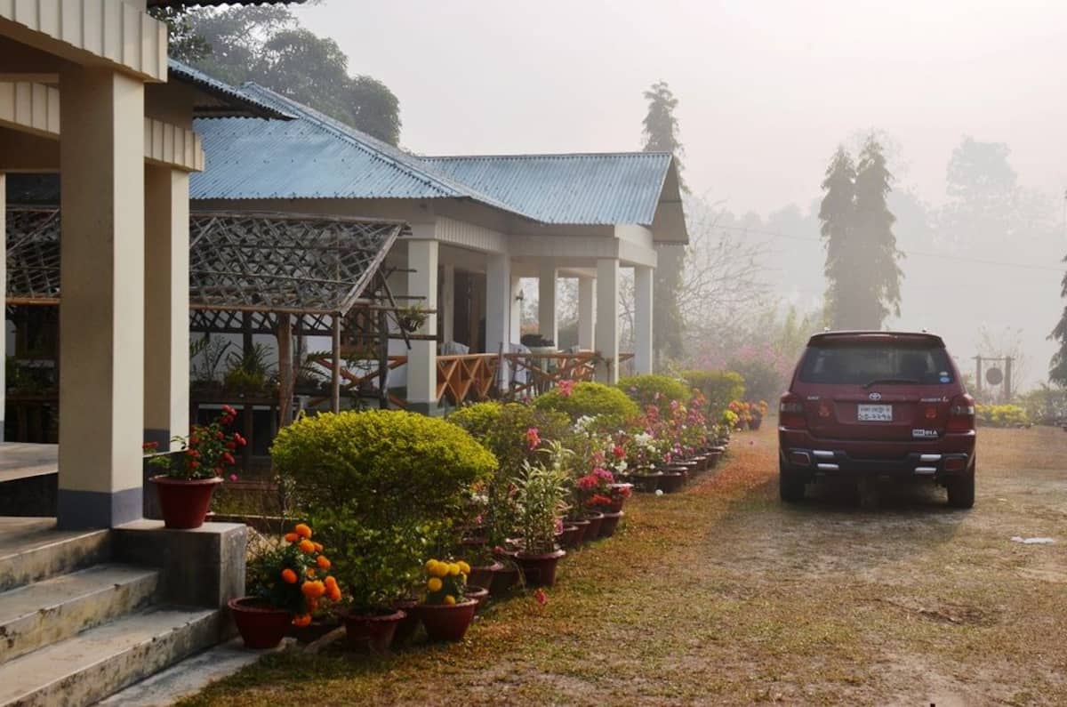 The same cottage seen obliquely along its veranda in heavy morning fog, a timber-lattice pergola at left and a maroon SUV with a Bangladeshi number plate parked on the grass beside beds of marigolds and potted flowers