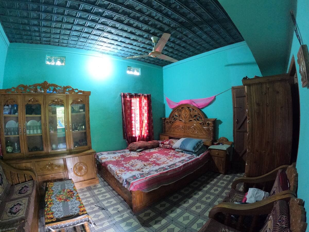 Guest bedroom with teal walls, a carved wooden bed under a pink mosquito-net drape, glass-front crockery cabinet, wooden wardrobe and ceiling fan over a patterned tile floor