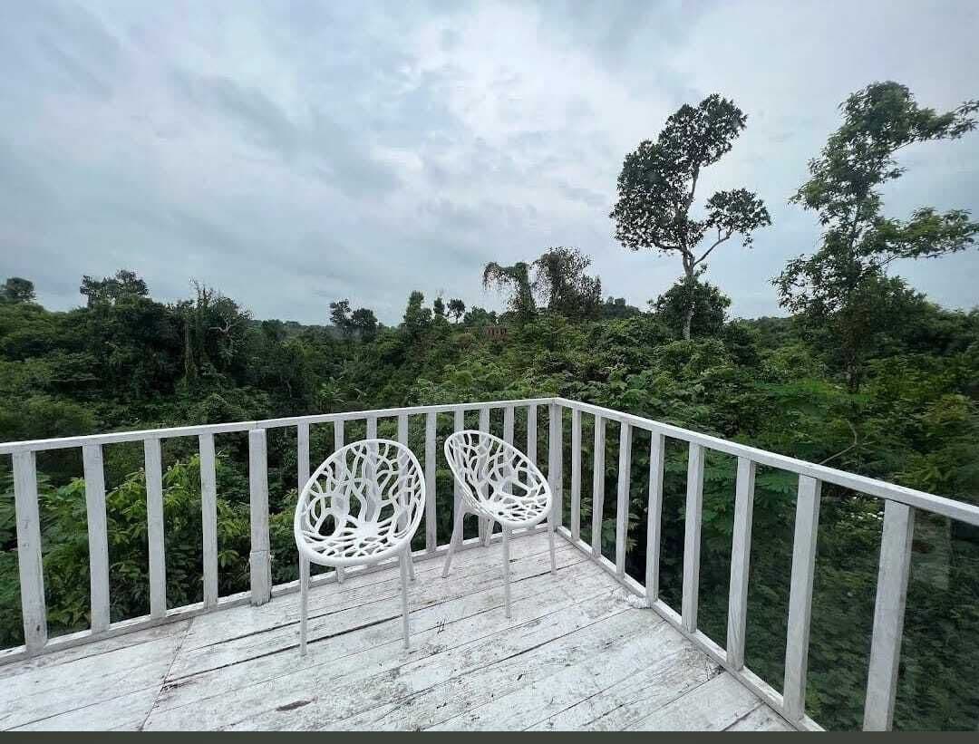Corner balcony with two white lattice-pattern chairs overlooking a dense tree canopy under a cloudy sky