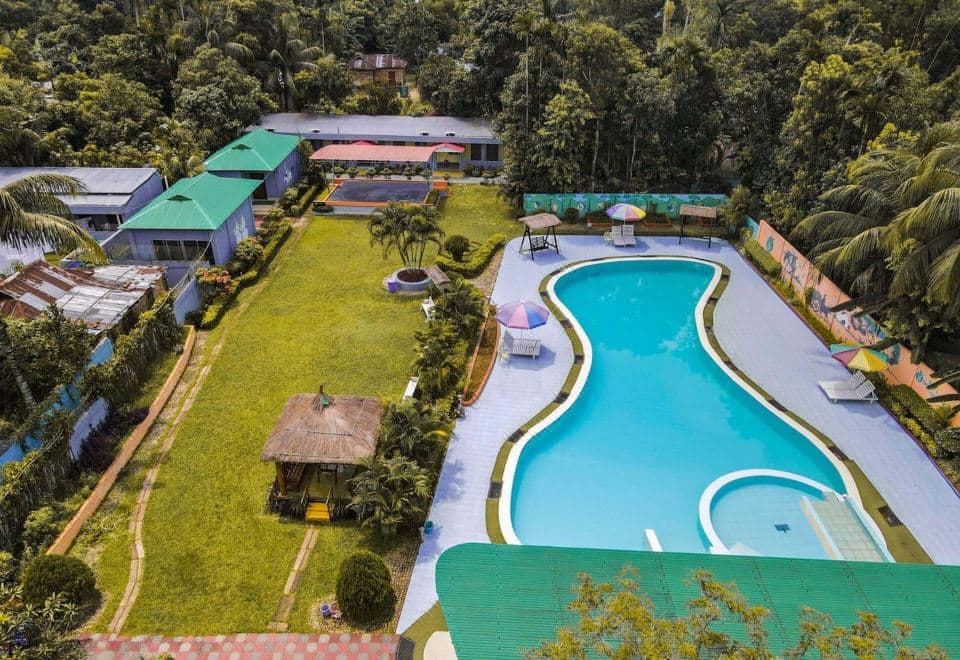 Aerial view of Tea Heaven Resort's grounds — teal-roofed buildings, a lawn, and a curved swimming pool ringed by forest