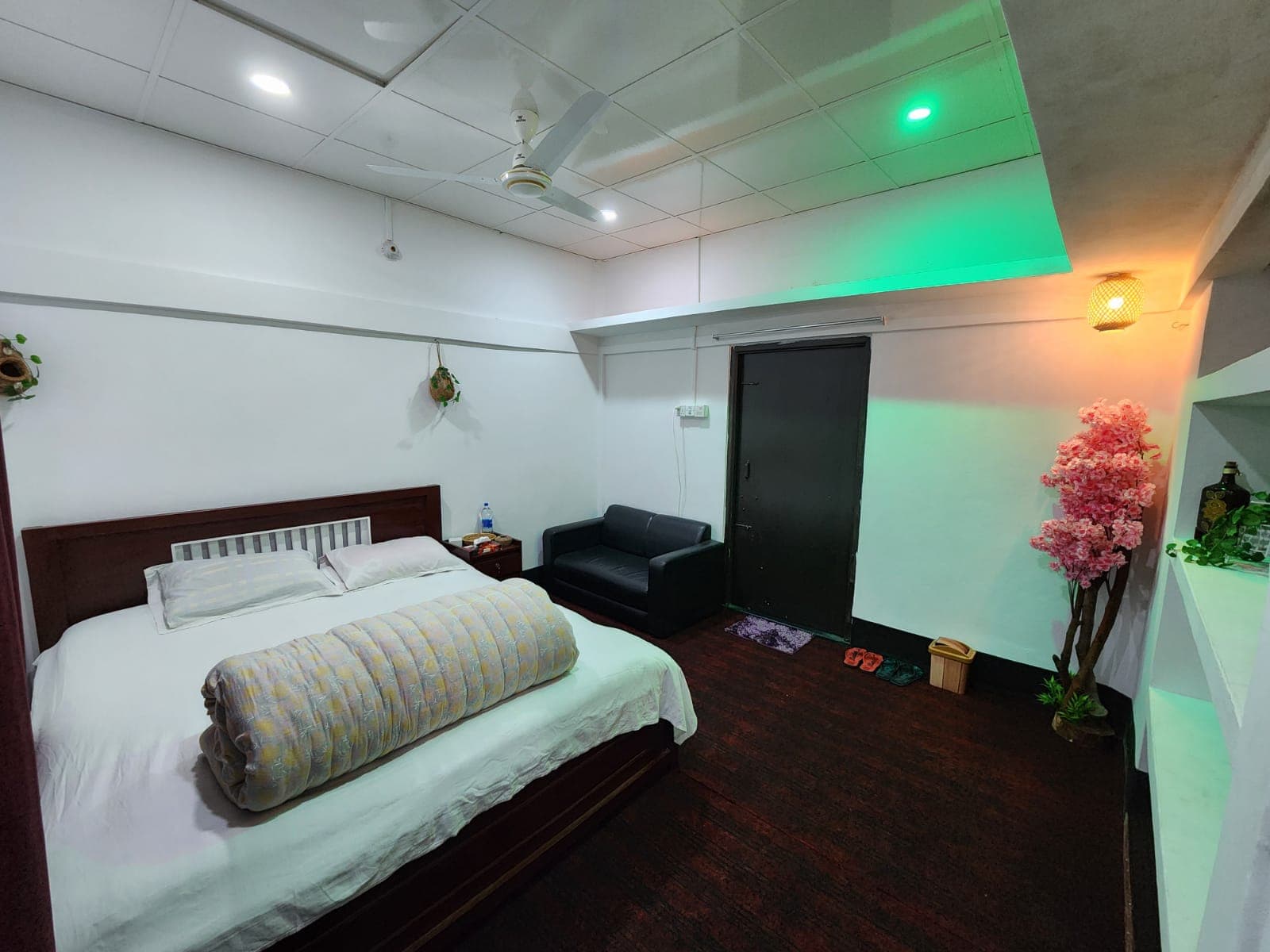 Guest room with a green-lit ceiling accent, dark door, black leather loveseat, and a decorative pink blossom tree in the corner